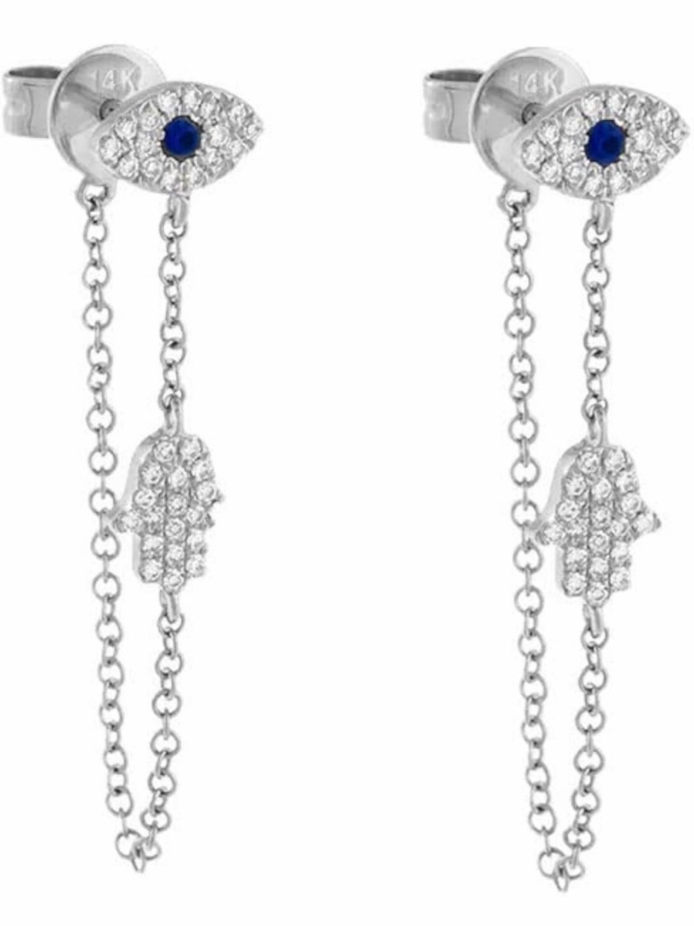 Sterling Silver Blue Evil Eye & Pavé Hamsa Chain Drop Earrings